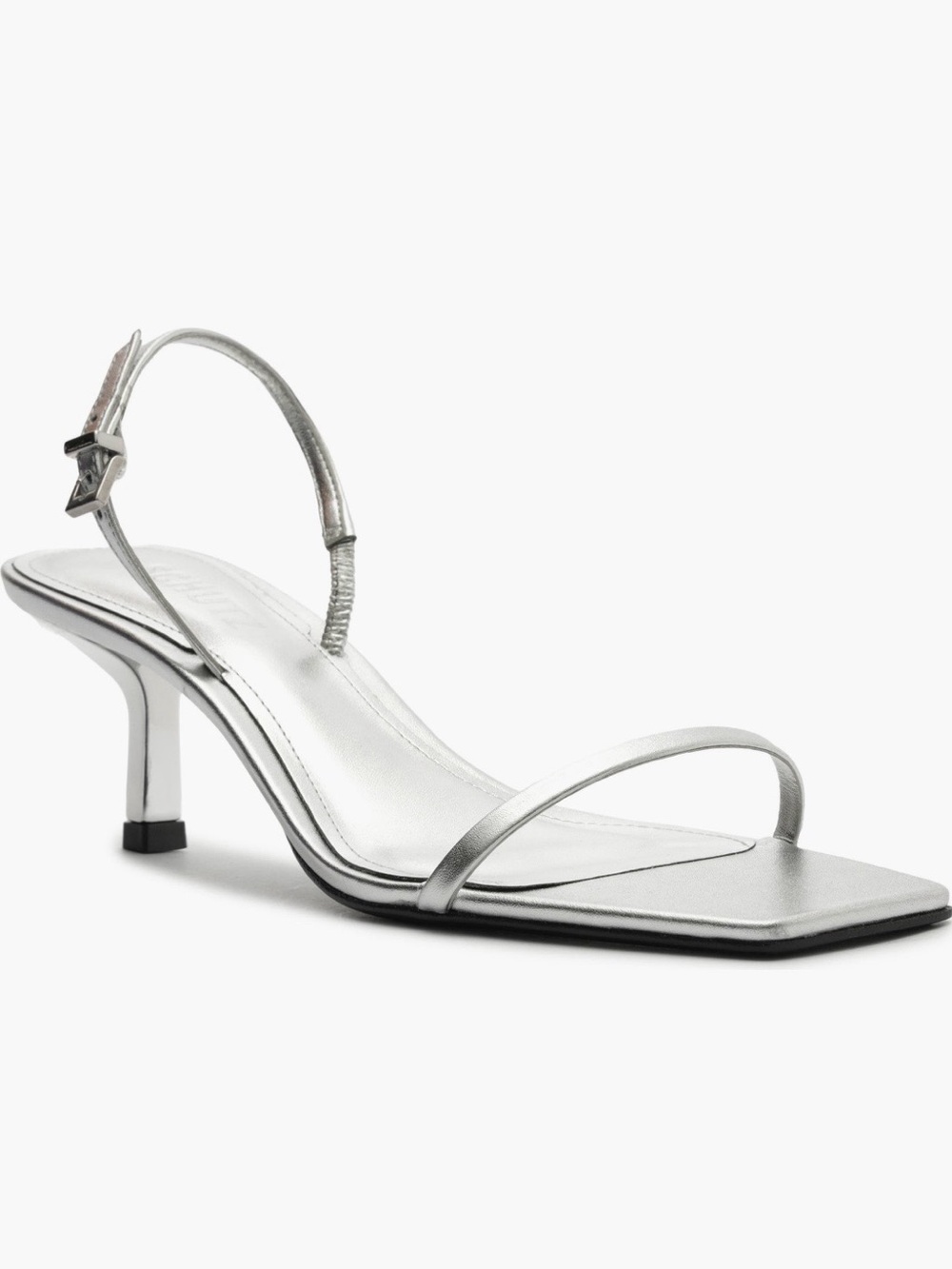 SCHUTZ Silver Metallic Strappy Kitten Heel Sandal